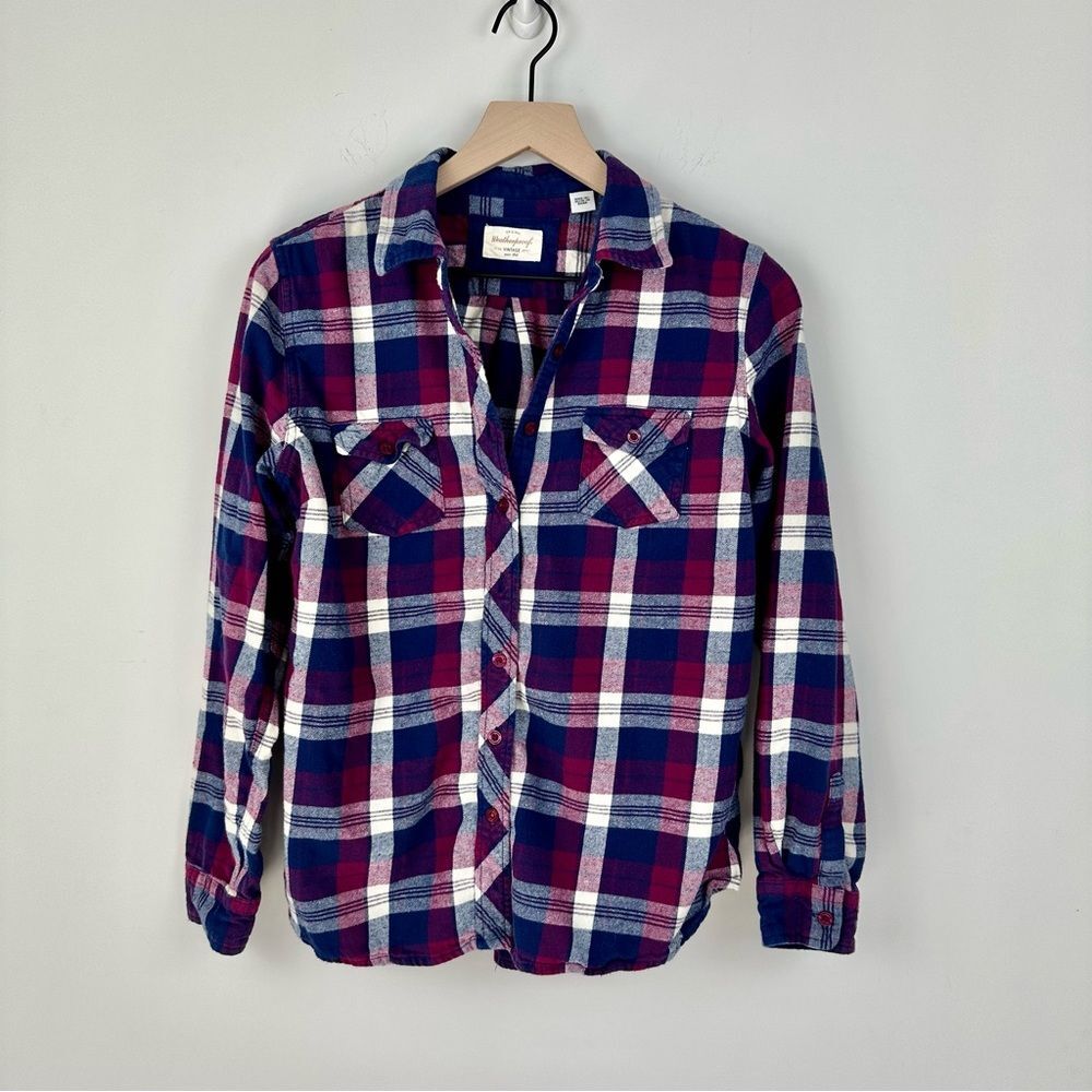 Weatherproof Purple & Blue Plaid Flannel Button Down Shirt, M